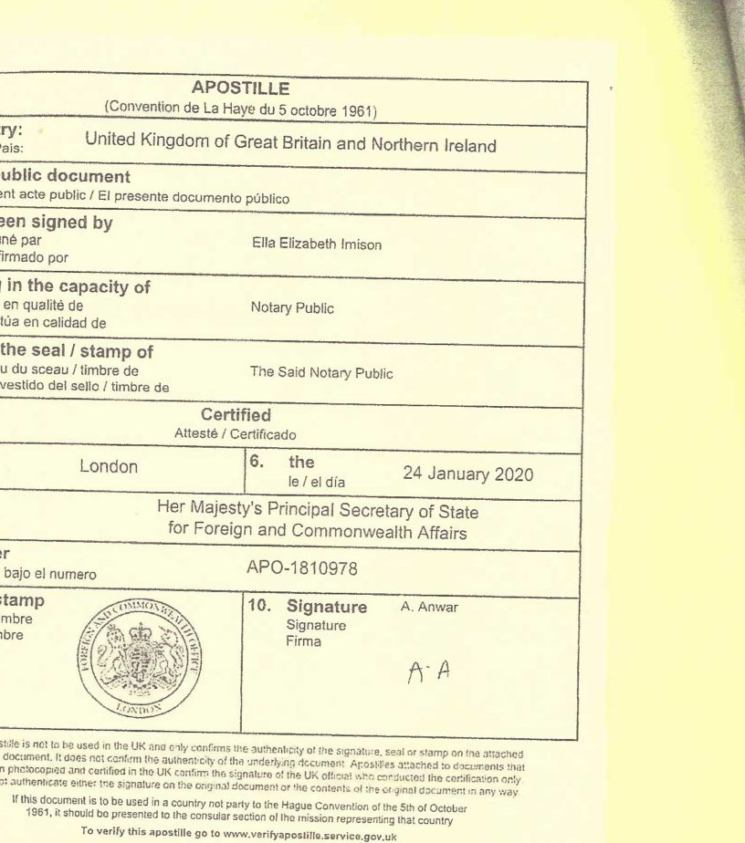 UK apostille APO-1810978 dated 24 January 2020 certifying a notary's signature