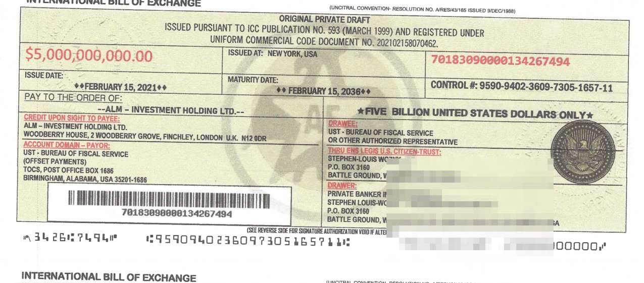 The bill of exchange: $5,000,000,000.00 payable to ALM Investment Holding, drawee UST Bureau of Fiscal Service, Birmingham Alabama