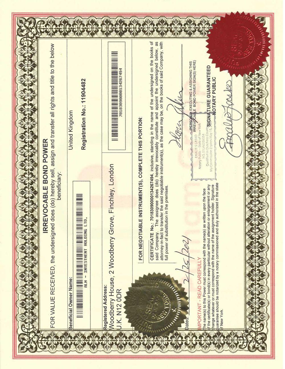 Ornate red-bordered Irrevocable Bond Power certificate with two embossed seals