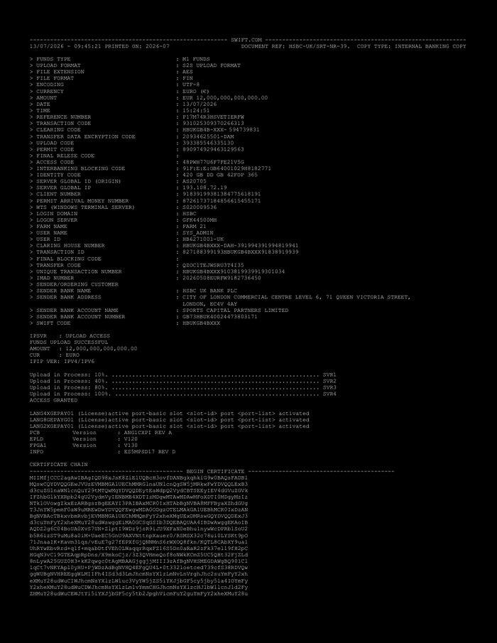 Page one of the proof of funds: a black terminal-style page headed SWIFT.COM with codes and an upload progress bar