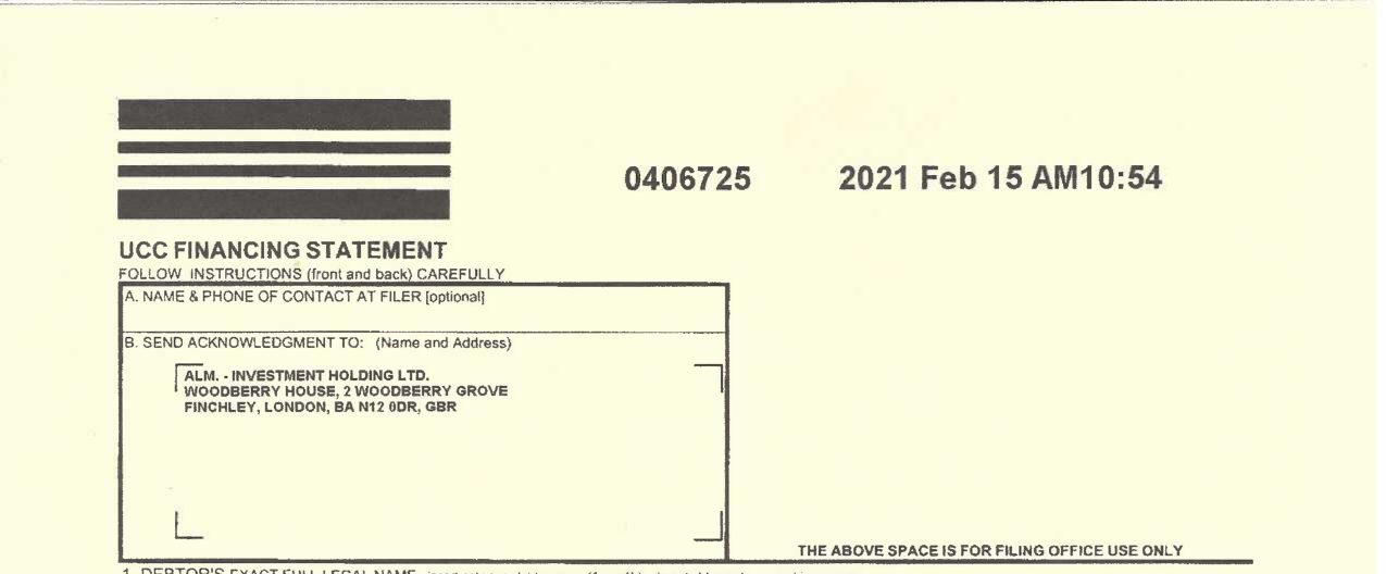 UCC financing statement header stamped 2021 Feb 15 AM10:54 with ALM Investment Holding as the acknowledgement address